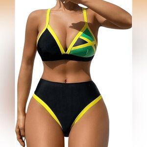 GORGLITTER Triangle Jamaica Color Block High Waisted Bikini High Cut swimsuit
